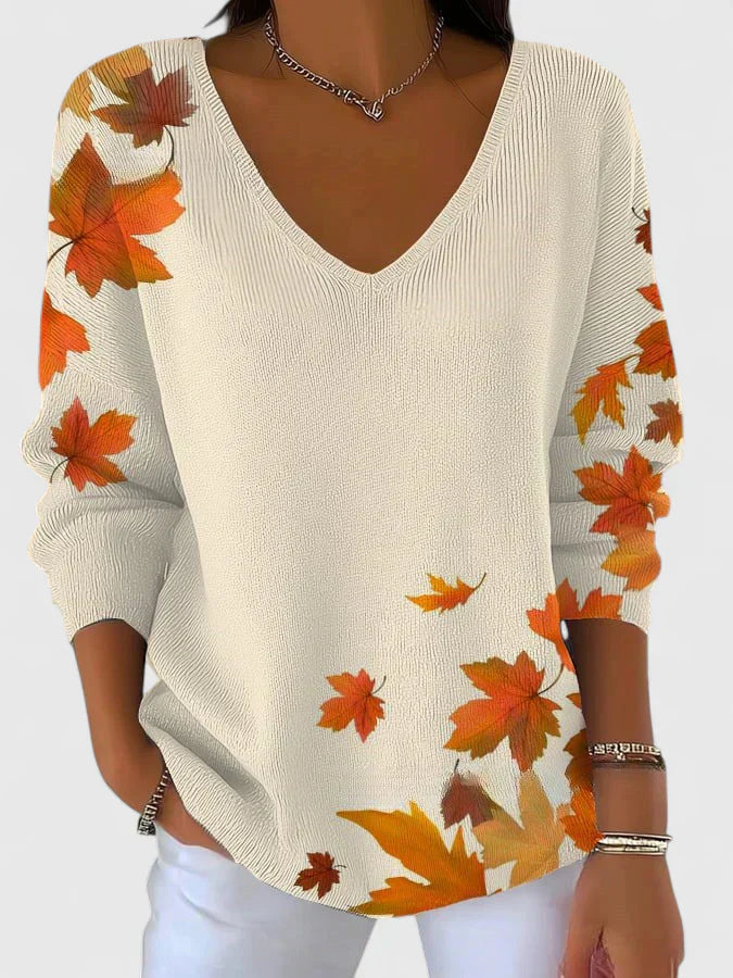 Women's V-Neck Jumper with Leaf Print for Autumn Outings