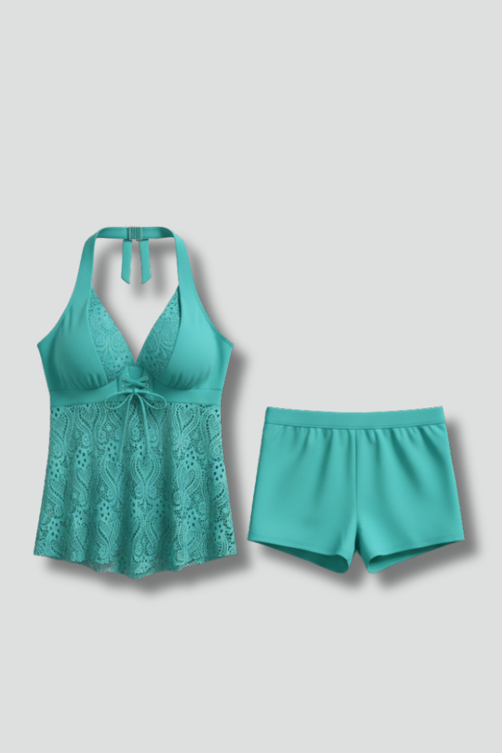 Women's V-Neck Lace Overlay Tankini for Beach Days