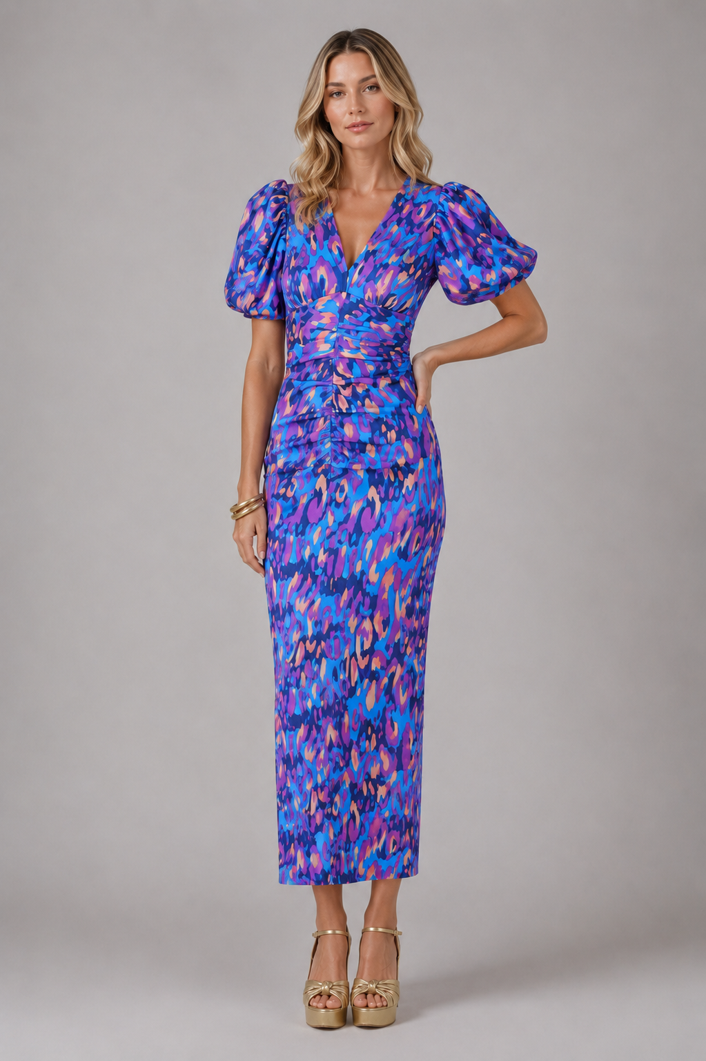 Women’s V-Neck Midi Dress with Puff Sleeves