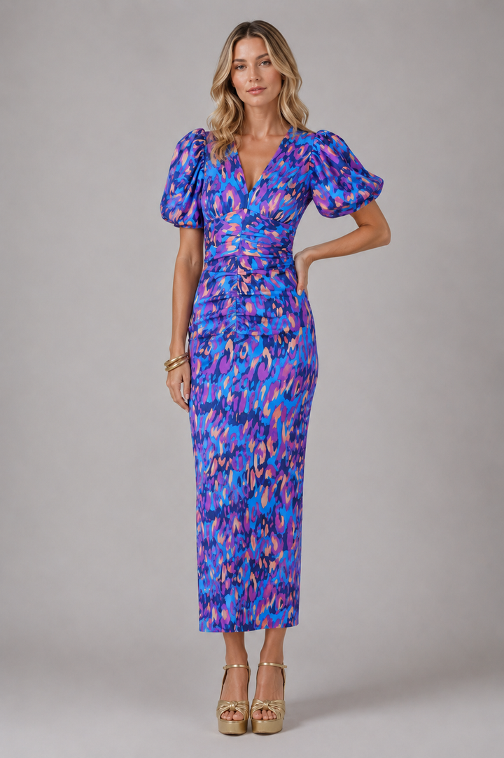 Women’s V-Neck Midi Dress with Puff Sleeves