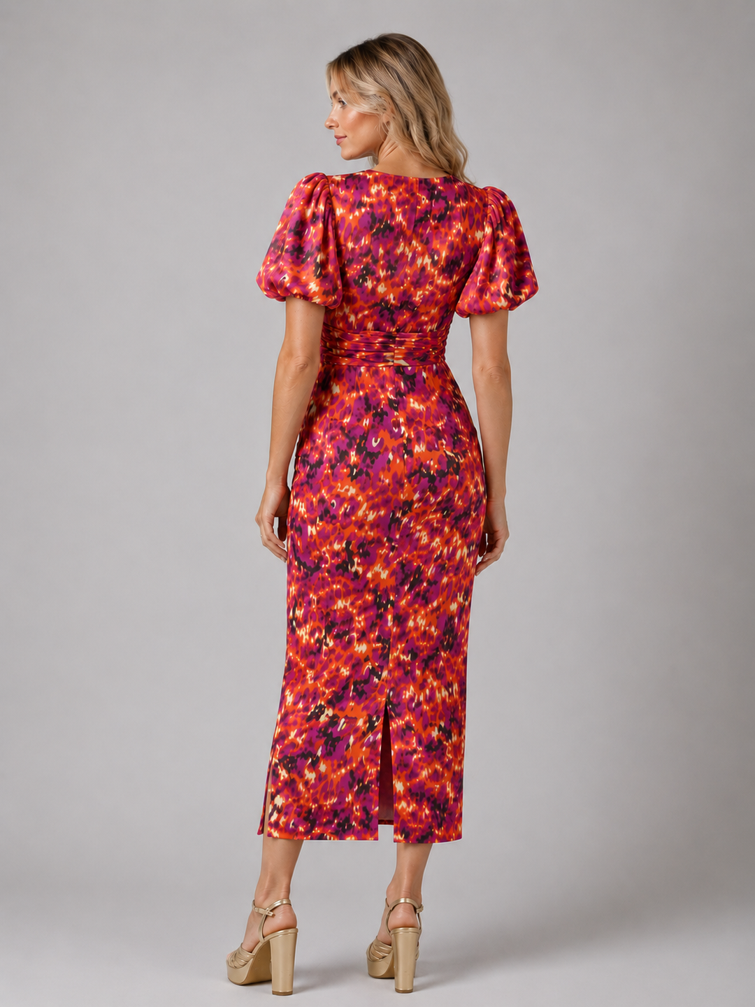 Women’s V-Neck Midi Dress with Puff Sleeves
