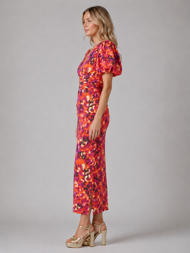 Women’s V-Neck Midi Dress with Puff Sleeves
