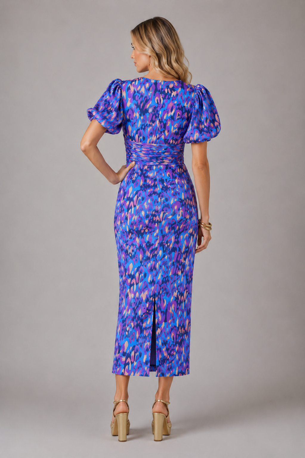Women’s V-Neck Midi Dress with Puff Sleeves