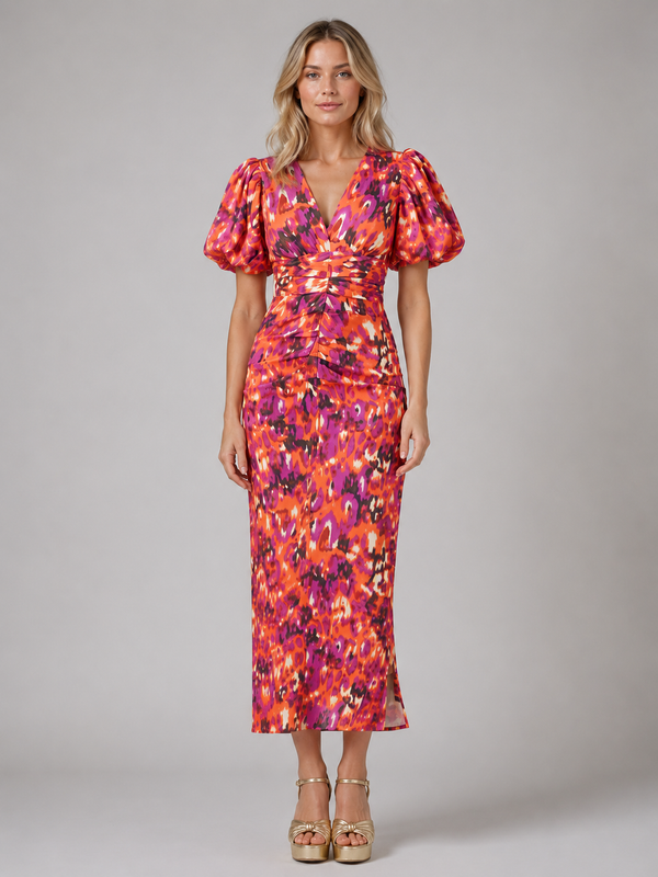 Women’s V-Neck Midi Dress with Puff Sleeves