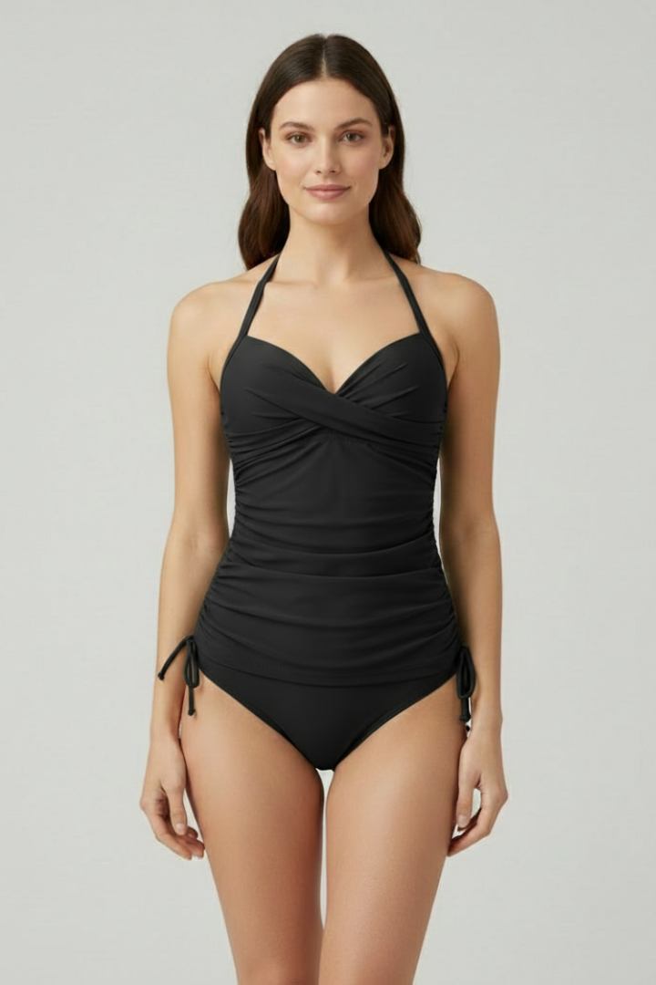 Women's V-Neck Ruched Tankini with Adjustable Fit for Beach Days