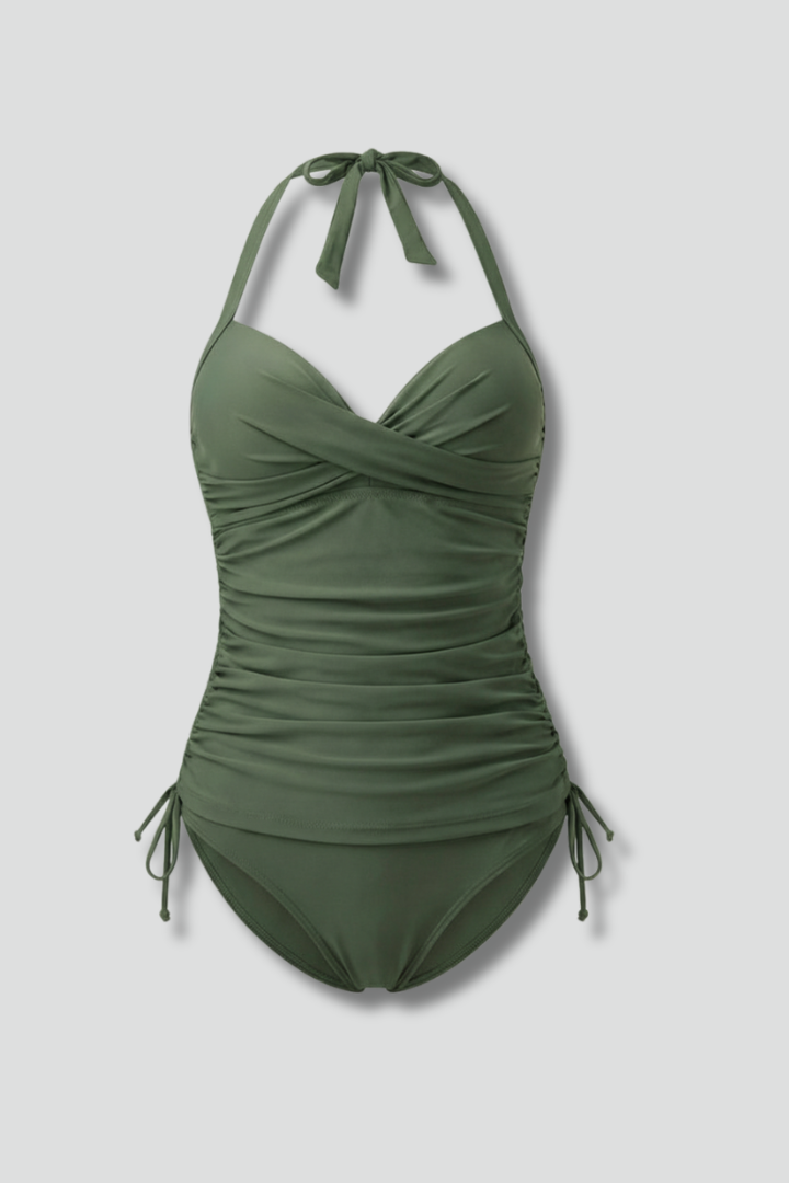 Women's V-Neck Ruched Tankini with Adjustable Fit for Beach Days