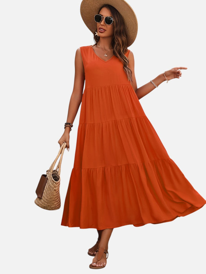 Women’s V-Neck Tiered Maxi Dress with Drape