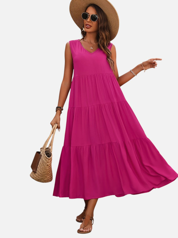 Women’s V-Neck Tiered Maxi Dress with Drape