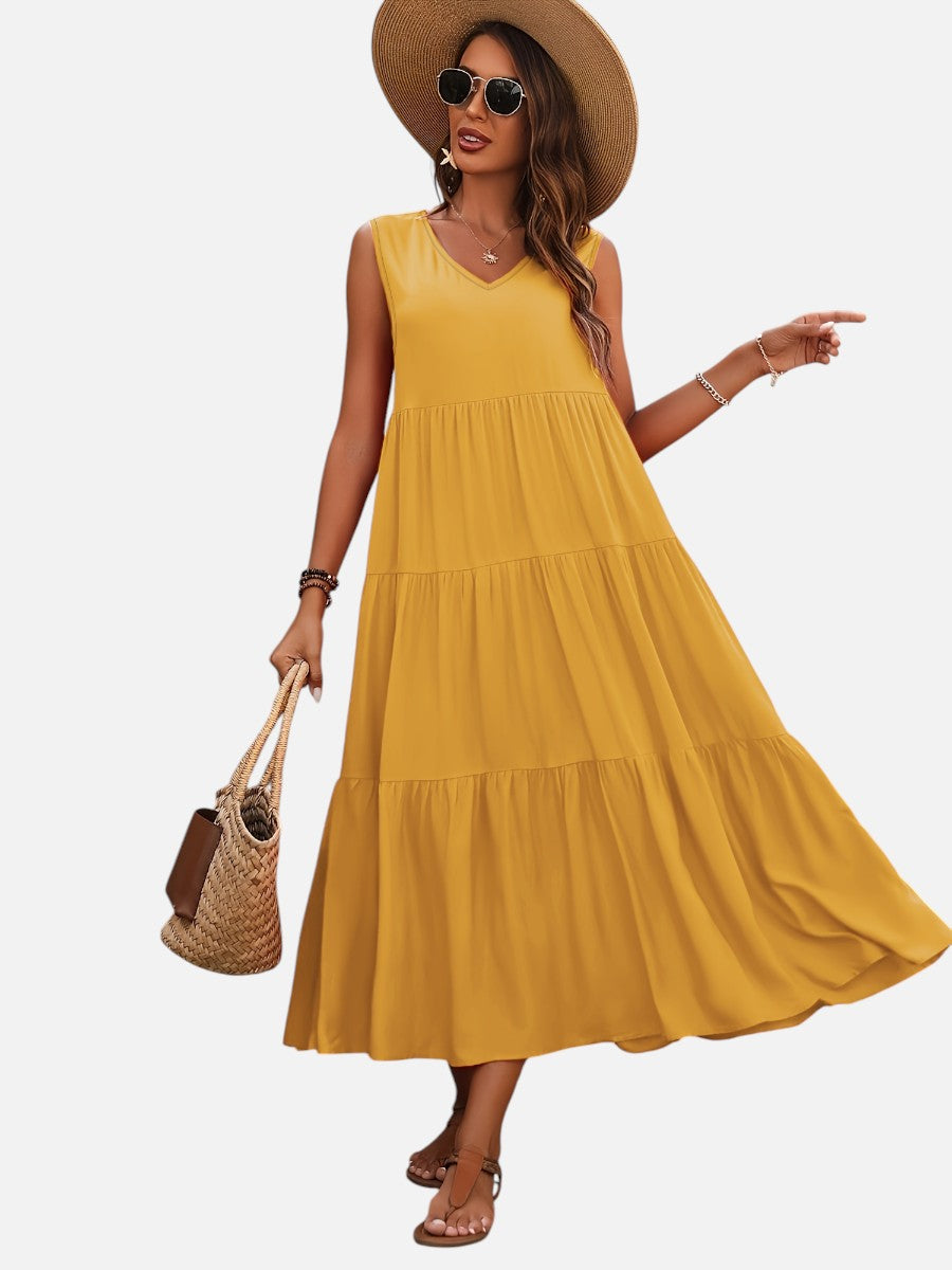 Women’s V-Neck Tiered Maxi Dress with Drape
