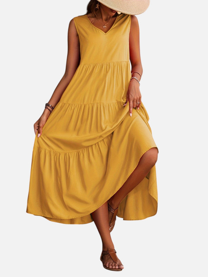 Women’s V-Neck Tiered Maxi Dress with Drape