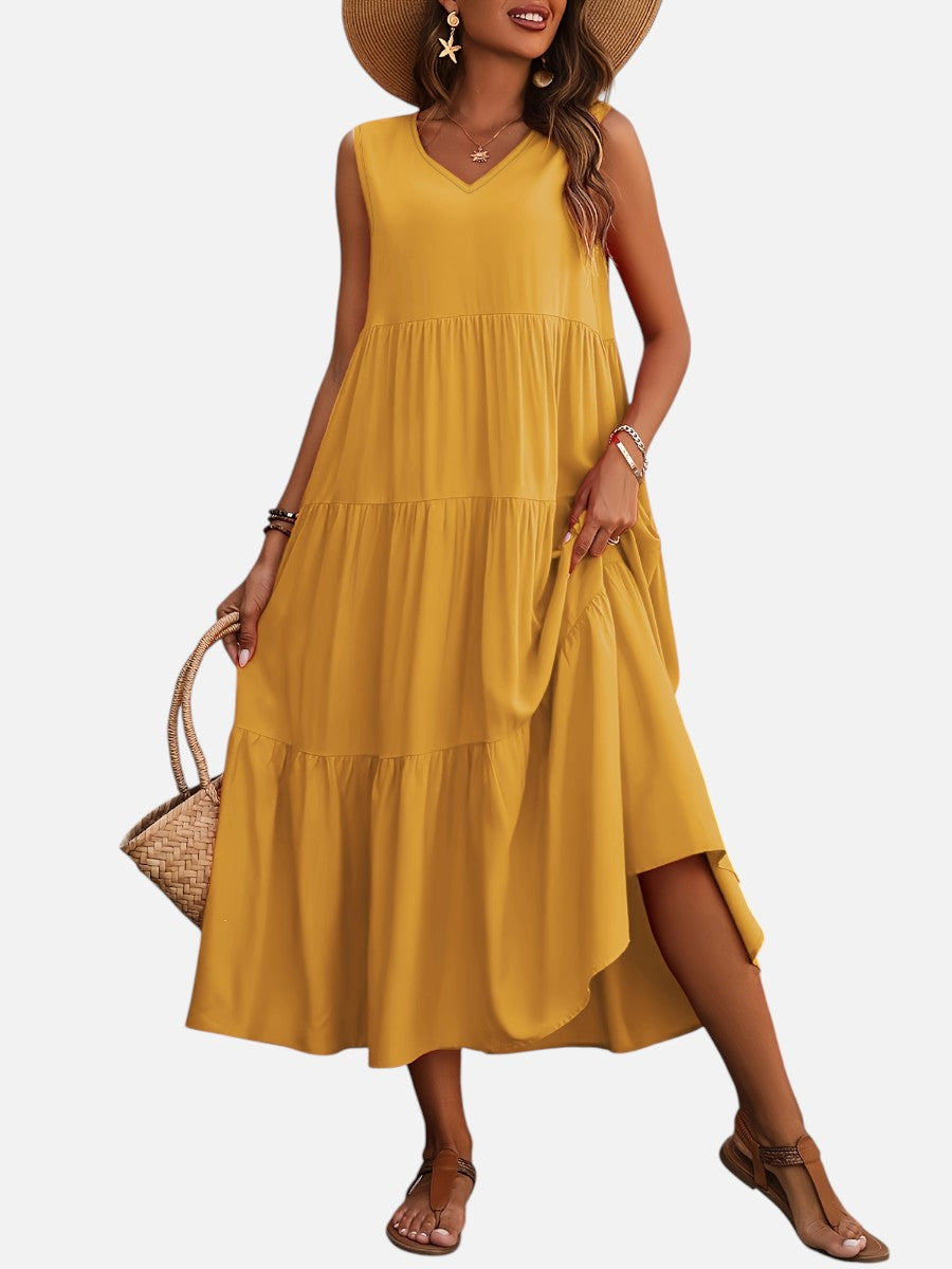 Women’s V-Neck Tiered Maxi Dress with Drape