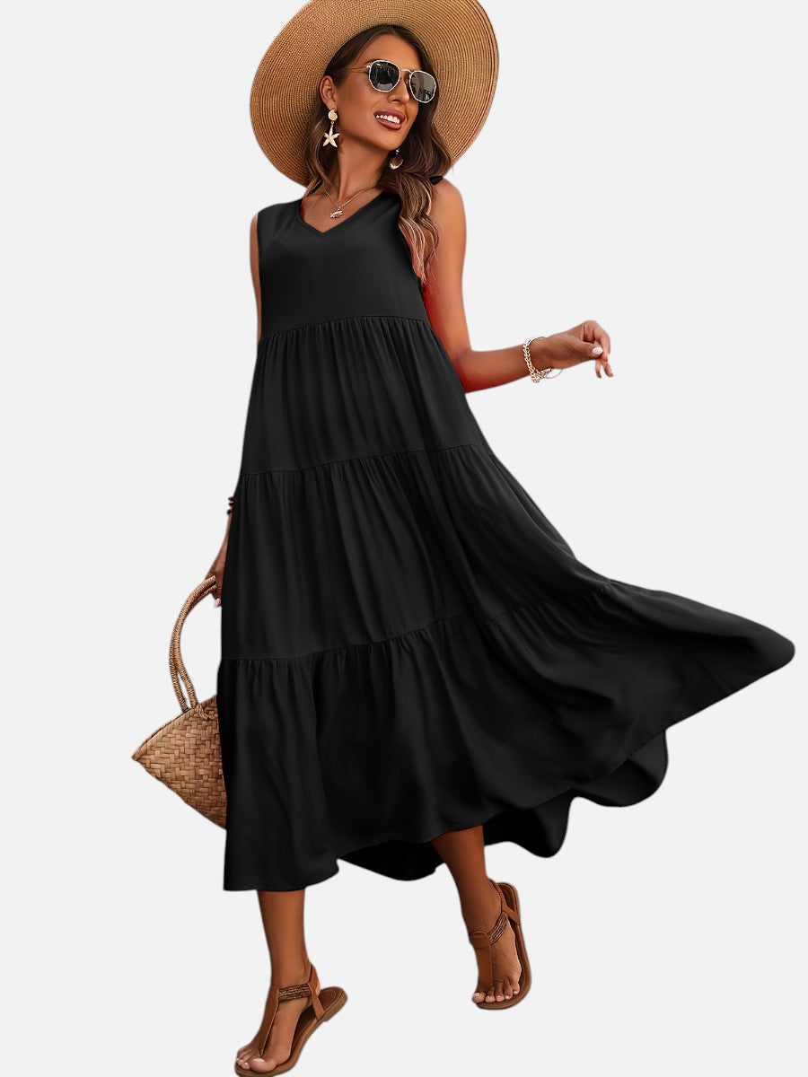 Women’s V-Neck Tiered Maxi Dress with Drape