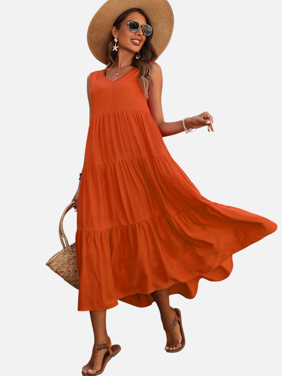Women’s V-Neck Tiered Maxi Dress with Drape