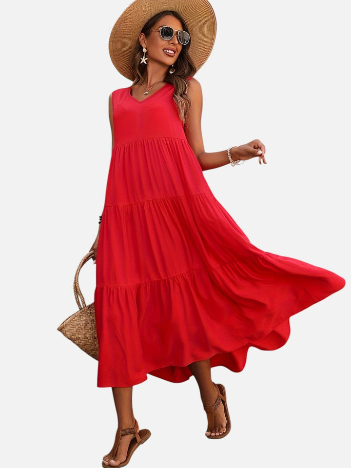 Women’s V-Neck Tiered Maxi Dress with Drape
