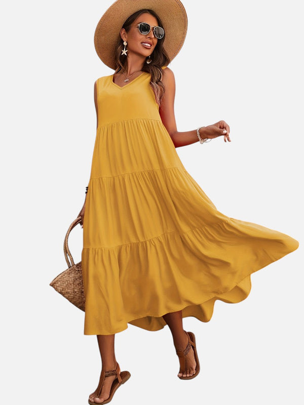 Women’s V-Neck Tiered Maxi Dress with Drape
