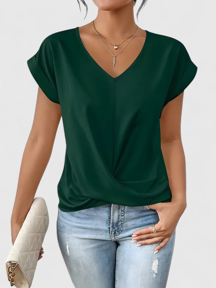 Women's V-Neck Twist Top with Draped Front for Everyday