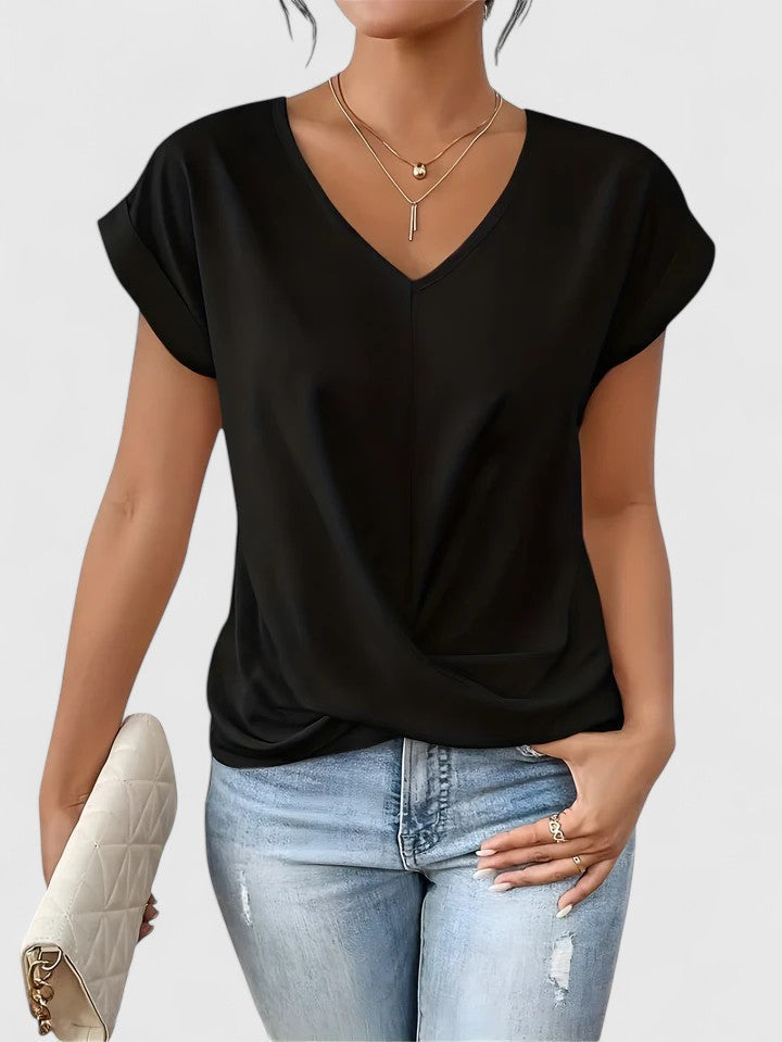 Women's V-Neck Twist Top with Draped Front for Everyday