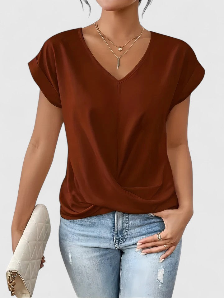 Women's V-Neck Twist Top with Draped Front for Everyday