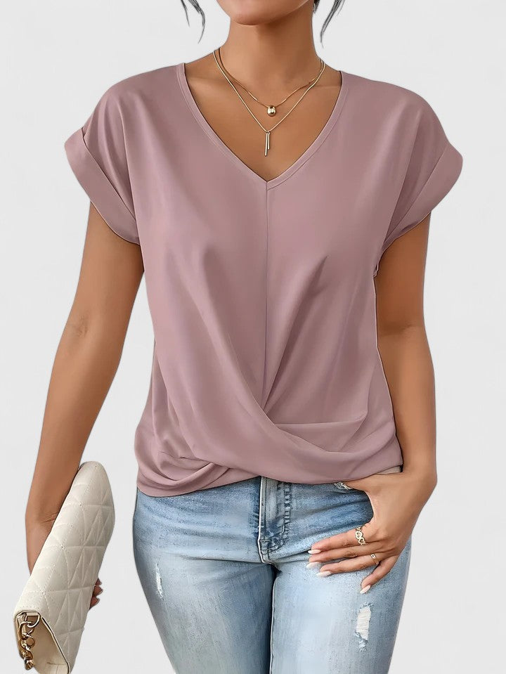 Women's V-Neck Twist Top with Draped Front for Everyday
