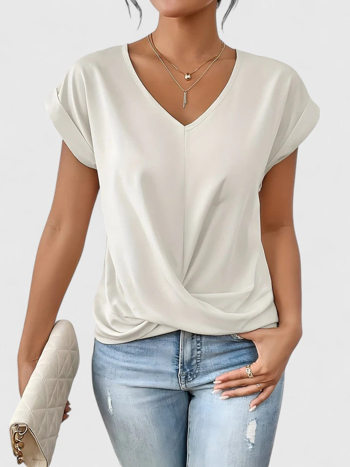 Women's V-Neck Twist Top with Draped Front for Everyday