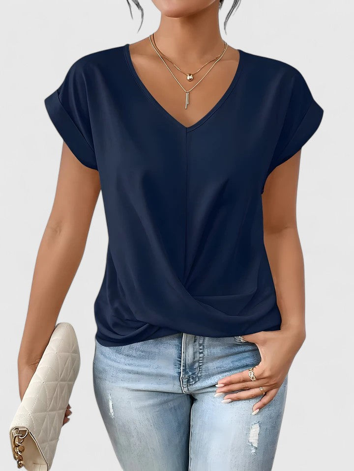 Women's V-Neck Twist Top with Draped Front for Everyday
