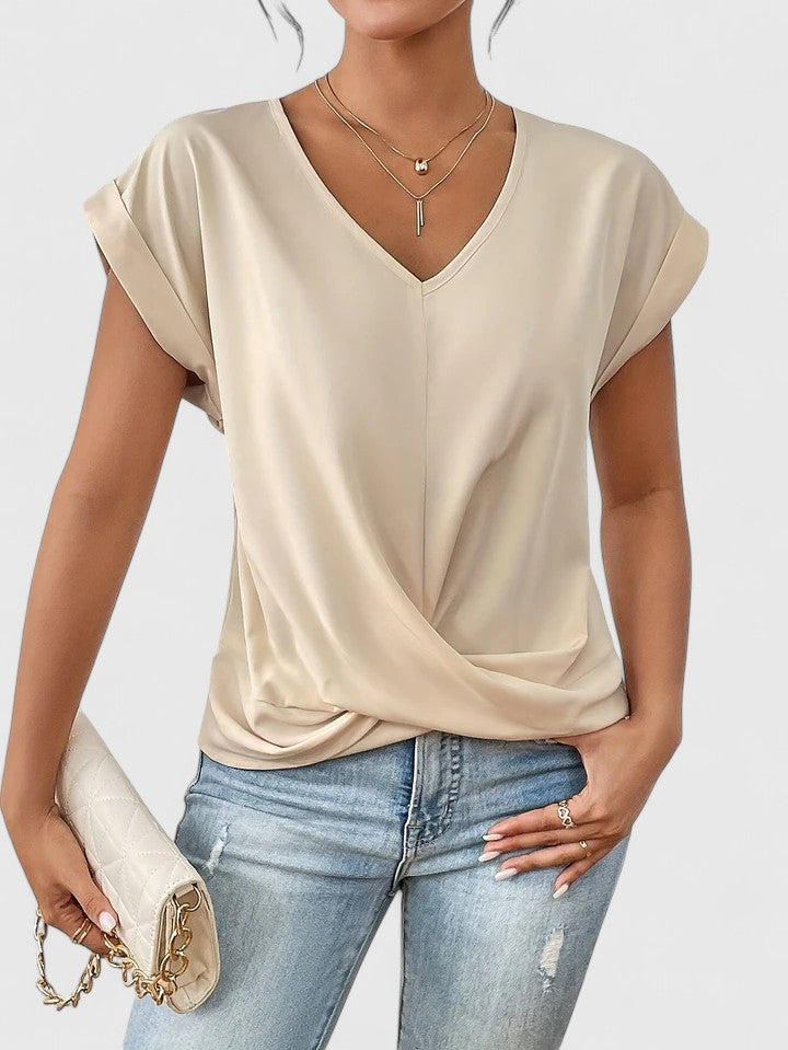 Women's V-Neck Twist Top with Draped Front for Everyday