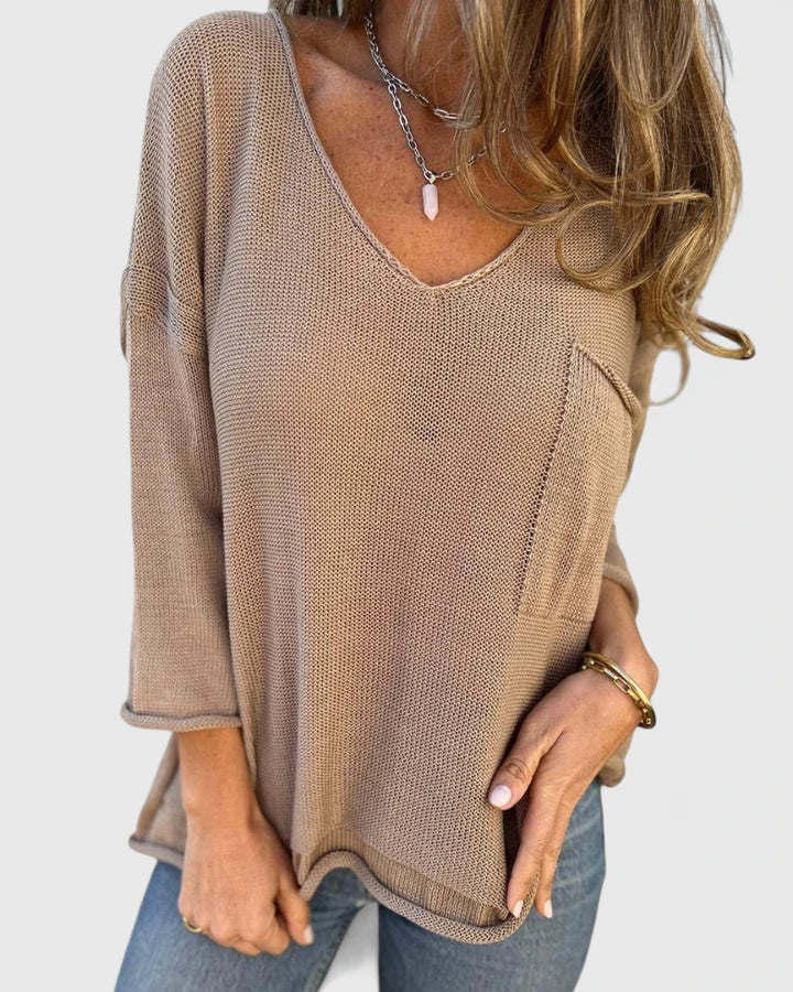 Women's V-neck Knit Top with Pocket for Casual Days