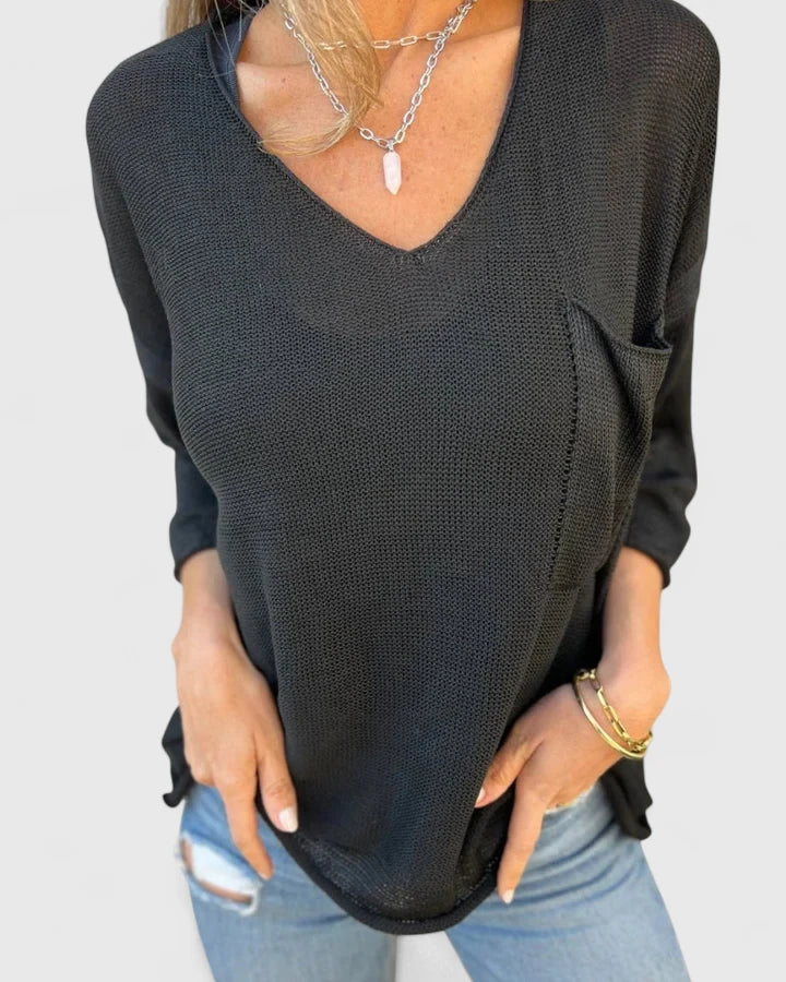 Women's V-neck Knit Top with Pocket for Casual Days