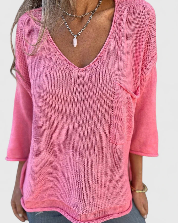 Women's V-neck Knit Top with Pocket for Casual Days