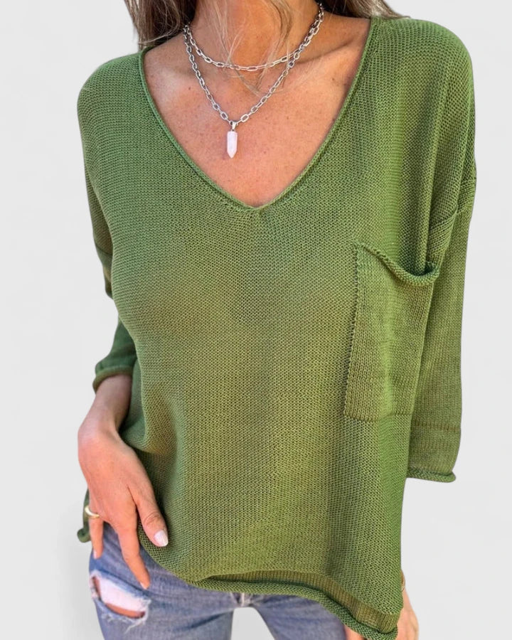 Women's V-neck Knit Top with Pocket for Casual Days