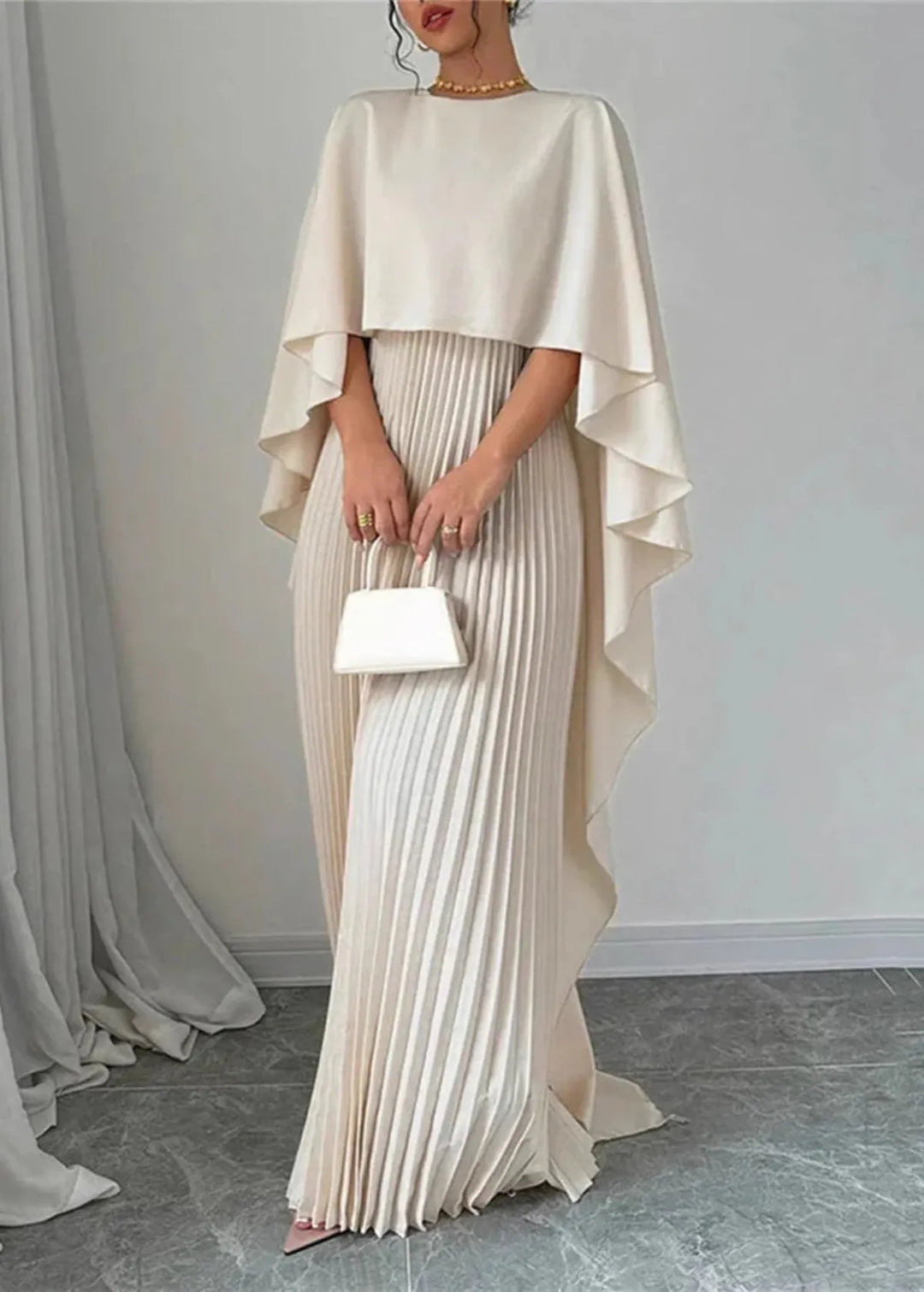 Women's Wedding Guest Pleated Cape Maxi Dress for Weddings