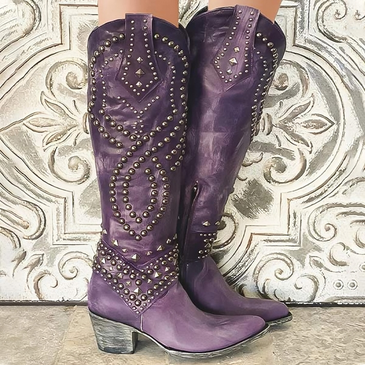 Women's Western Knee-High Boots for Evenings with Studs