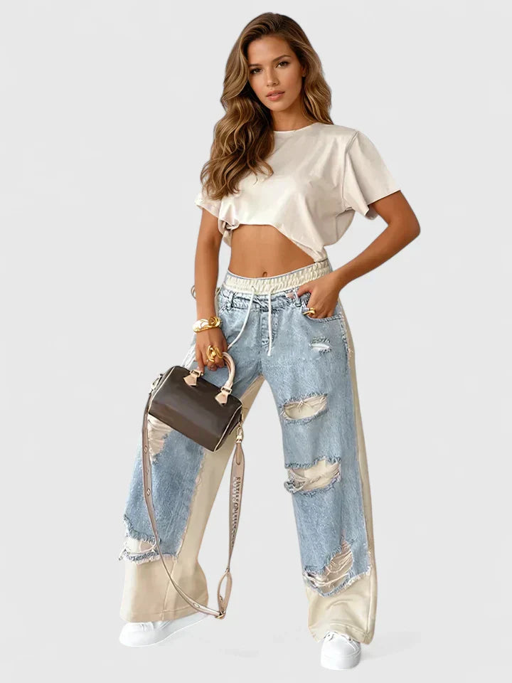 Women's Wide Leg Sweatpants with Distressed Detailing for Casual