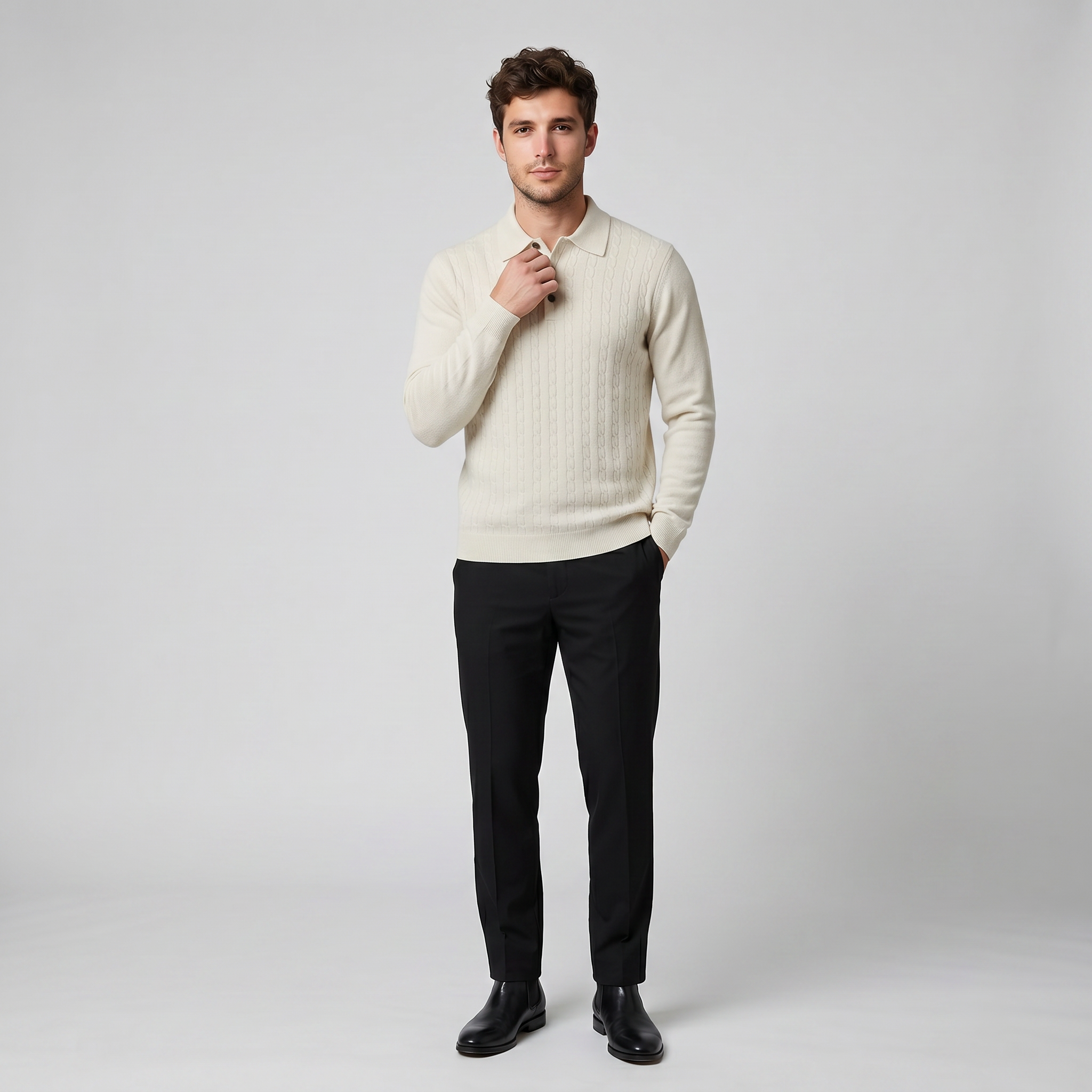 Men’s Cable Knit Polo Sweater | Celestiella