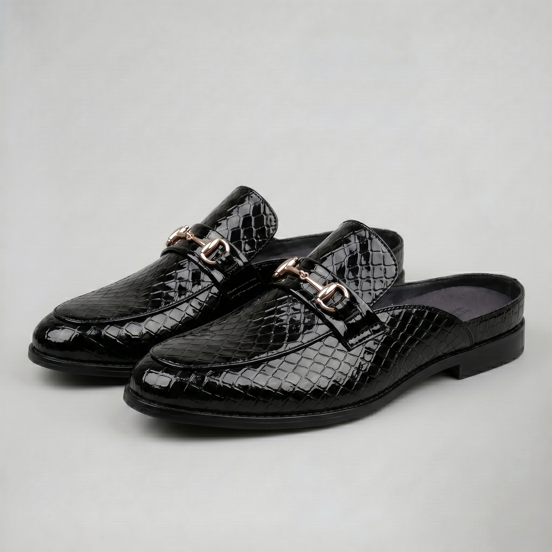 Men’s Embossed Leather Horsebit Backless Loafers | Celestiella