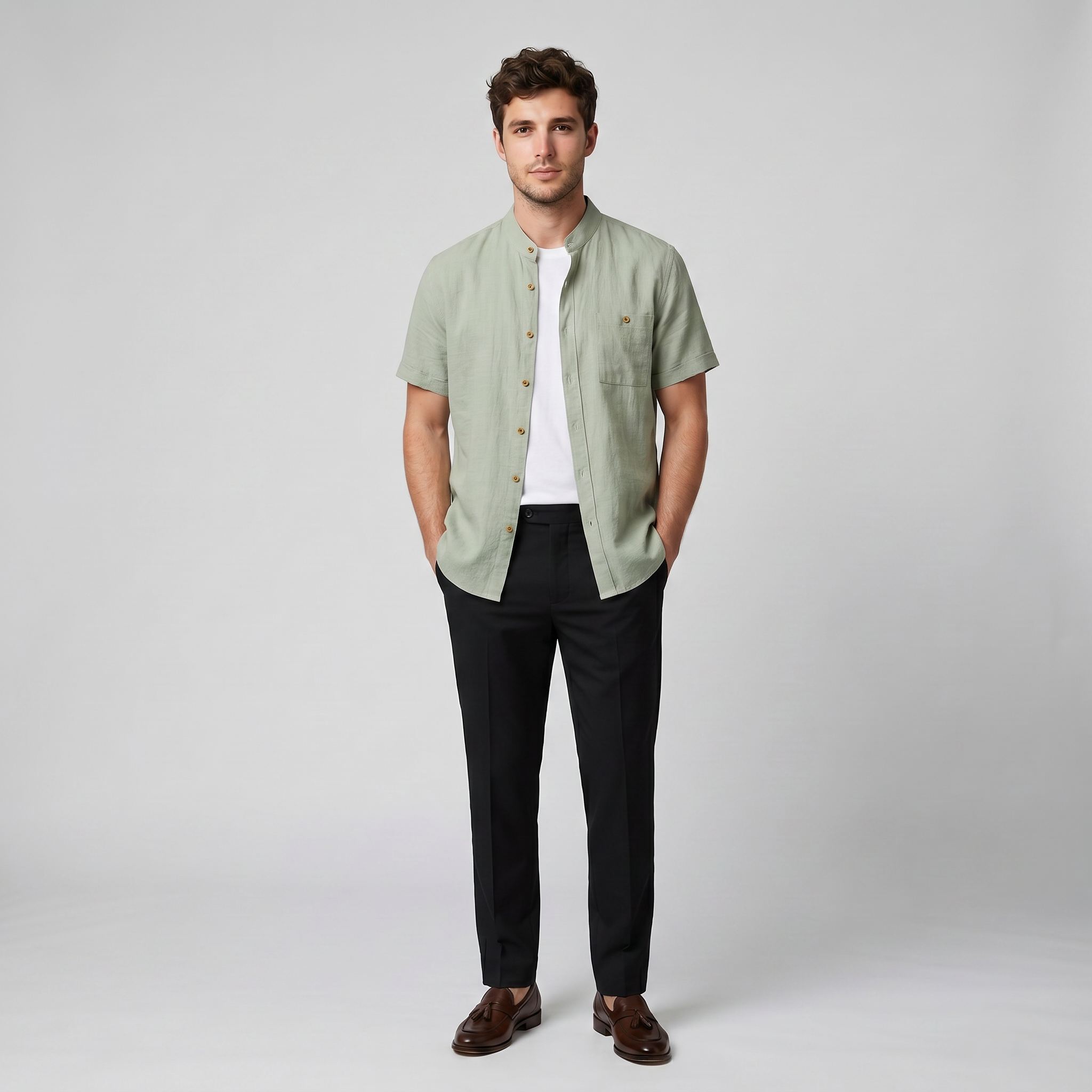 Men’s Linen Mandarin Collar Shirt | Celestiella