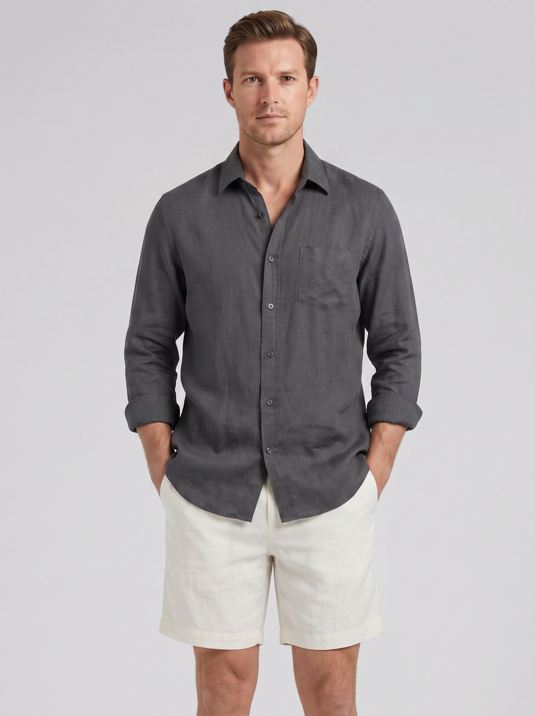 Men's Co-ord Set – Long-Sleeve Linen Shirt & Shorts