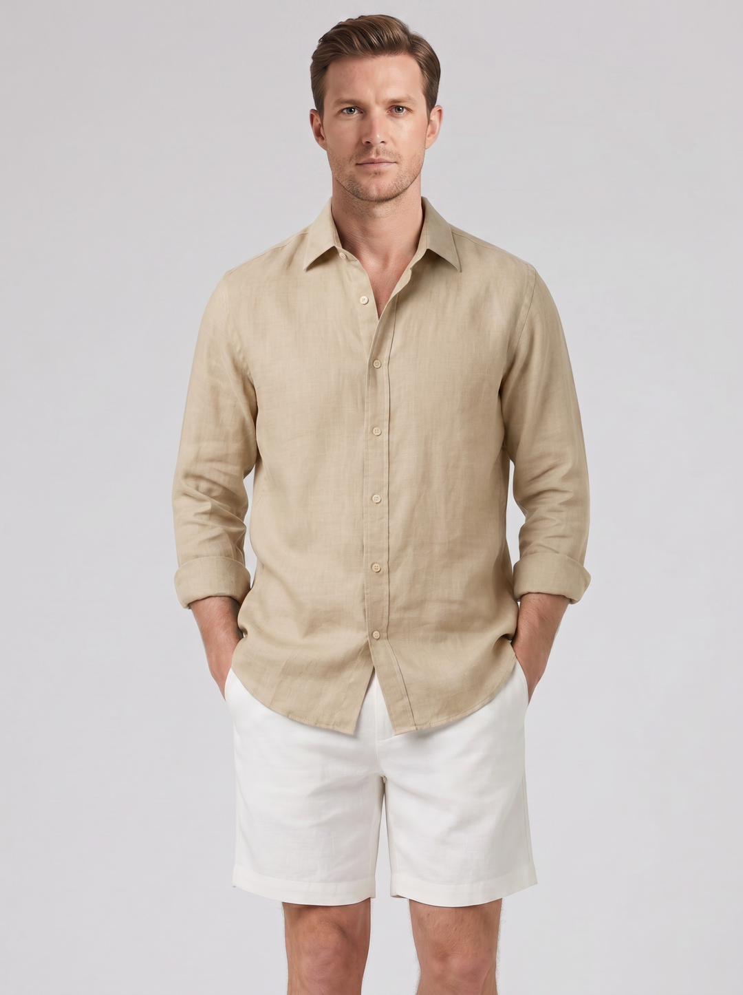 Men's Co-ord Set – Long-Sleeve Linen Shirt & Shorts