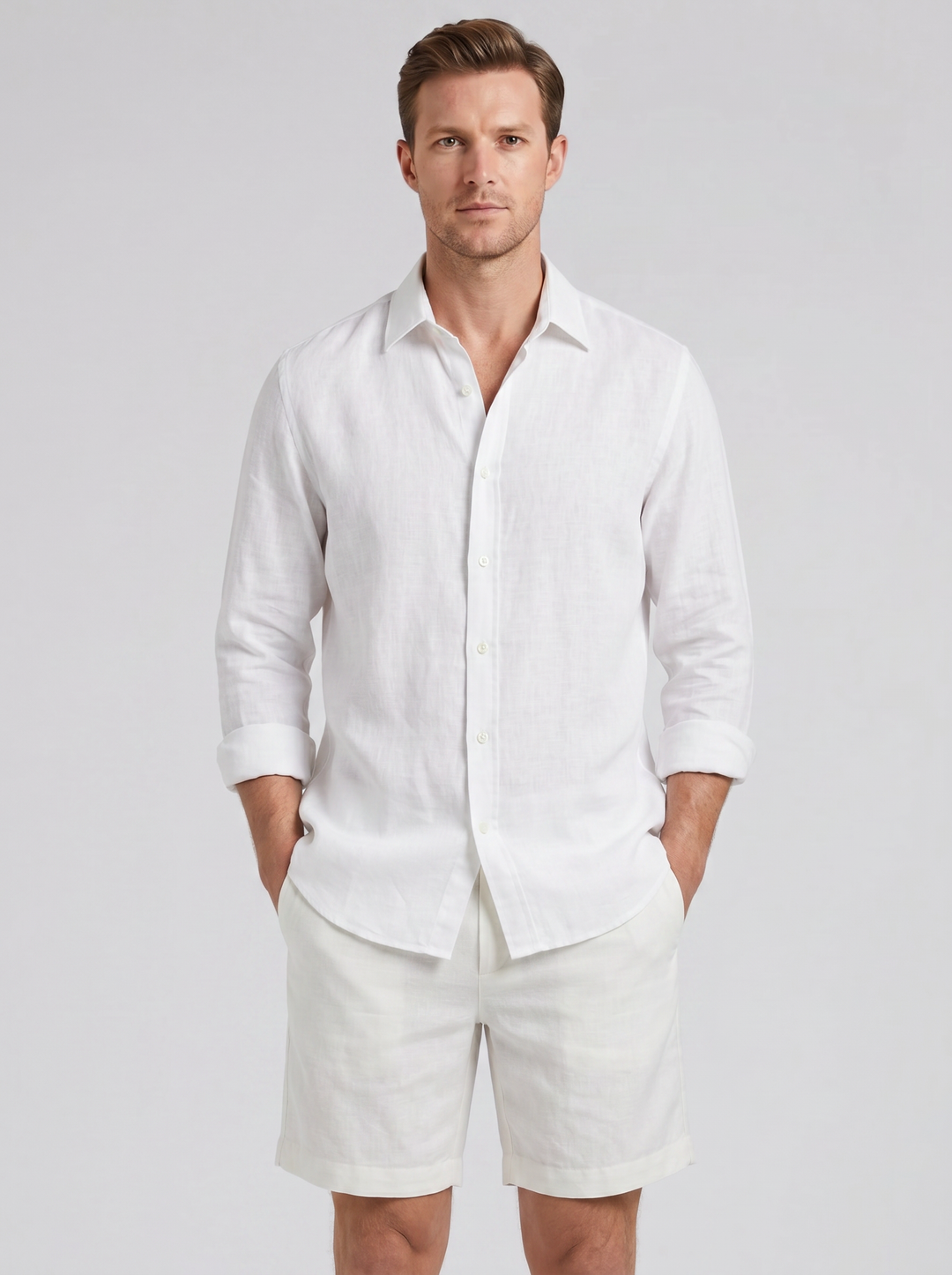 Men's Co-ord Set – Long-Sleeve Linen Shirt & Shorts