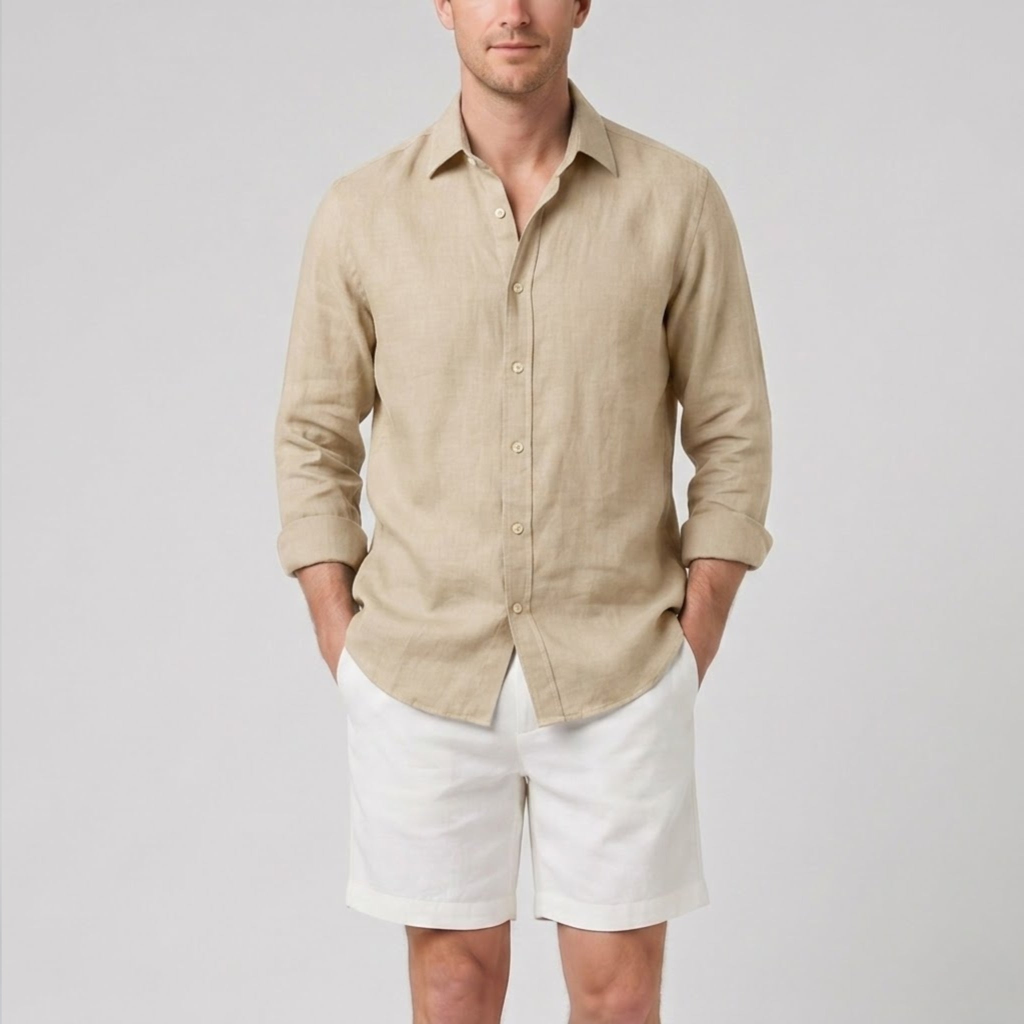 Men’s Long-Sleeved Linen Shirt and Shorts Set | Celestiella