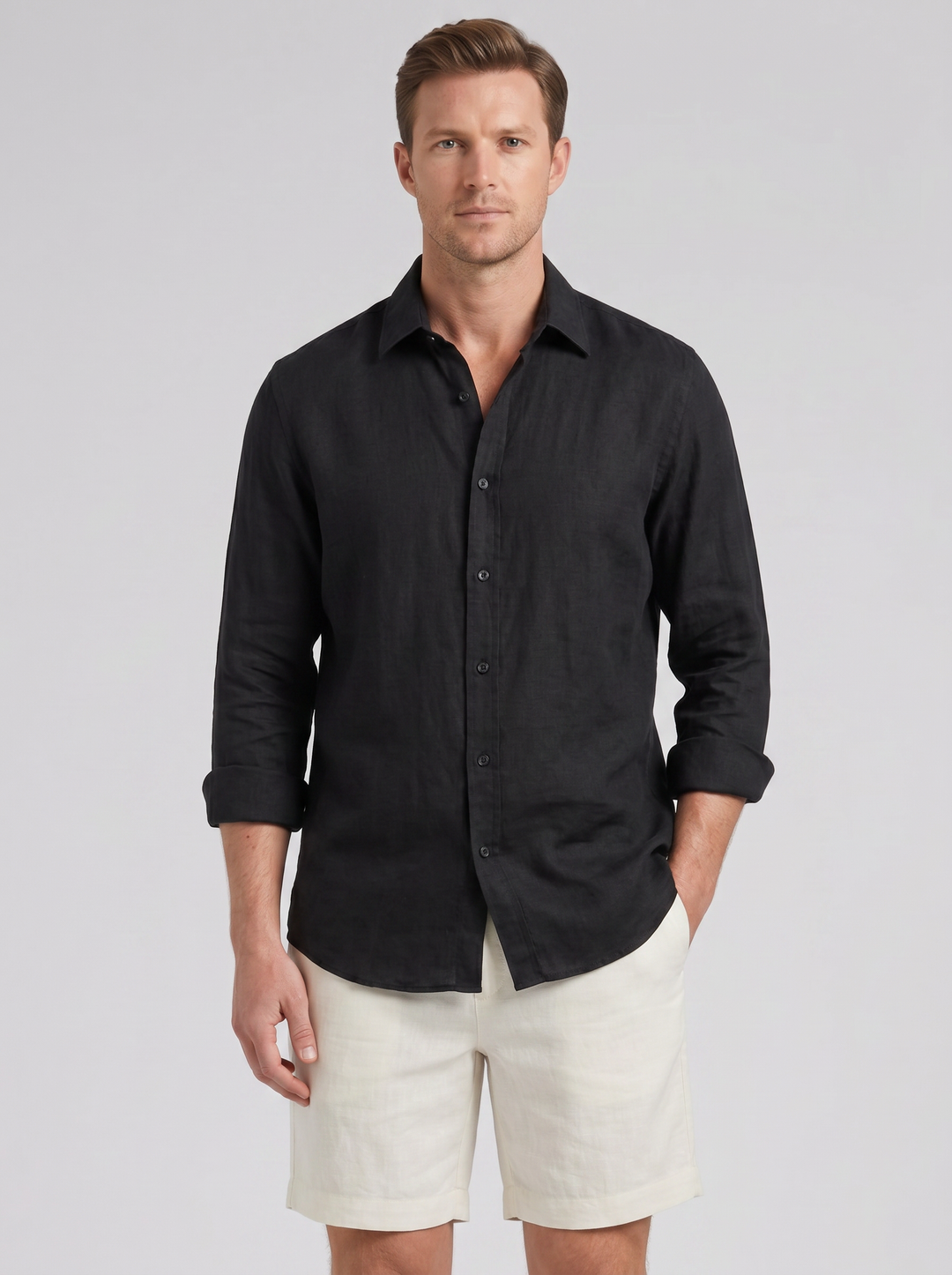 Men's Co-ord Set – Long-Sleeve Linen Shirt & Shorts