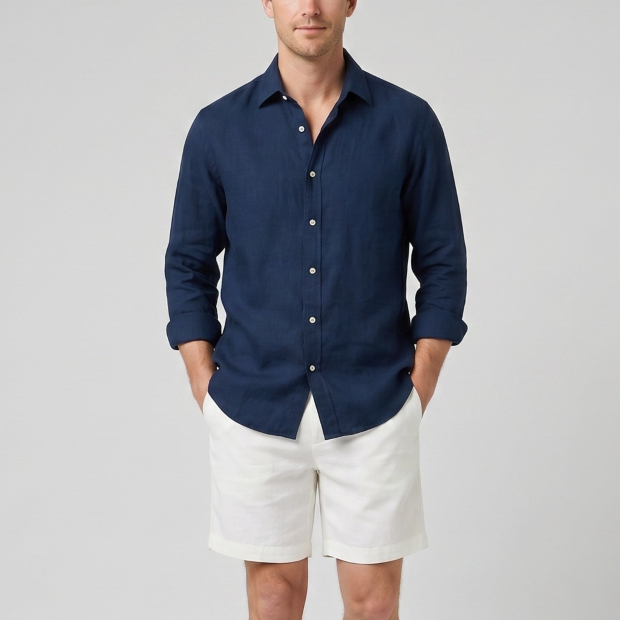 Men’s Long-Sleeved Linen Shirt and Shorts Set | Celestiella