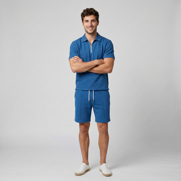 Men’s Quarter-Zip Polo & Drawstring Shorts Set | Celestiella