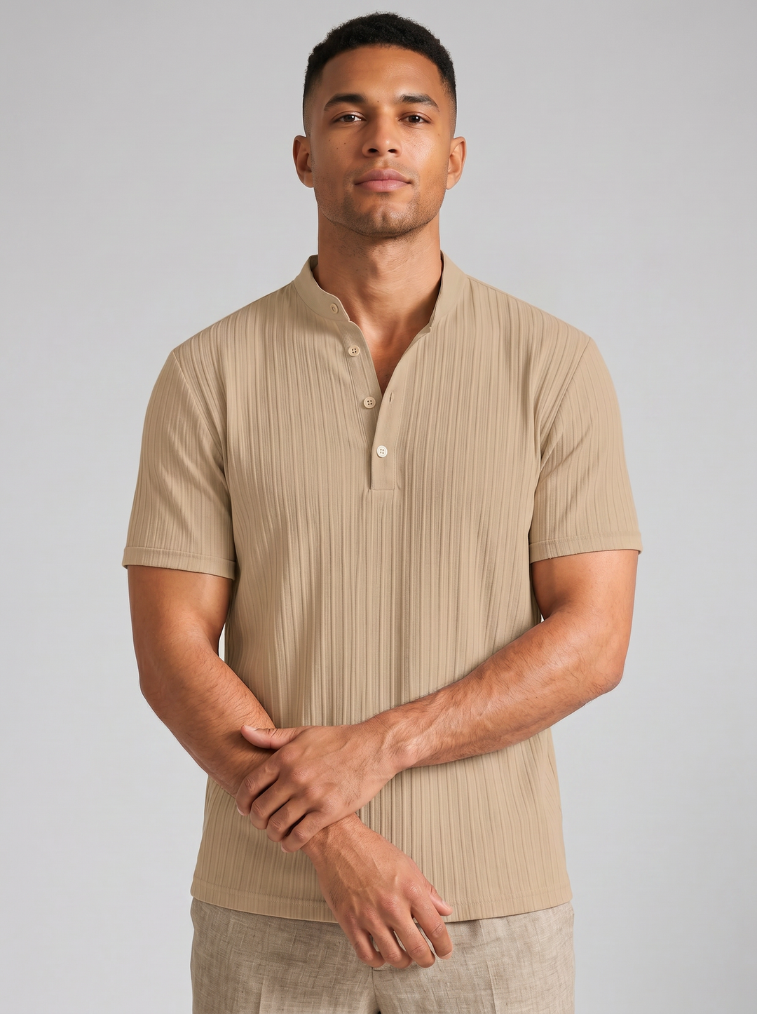 Men's ribbed henley shirt, khaki