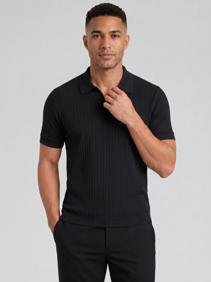 Men's Ribbed Knit Polo Shirt – Smart Casual V-Neck