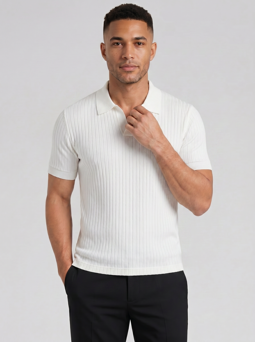 Men's Ribbed Knit Polo Shirt – Smart Casual V-Neck