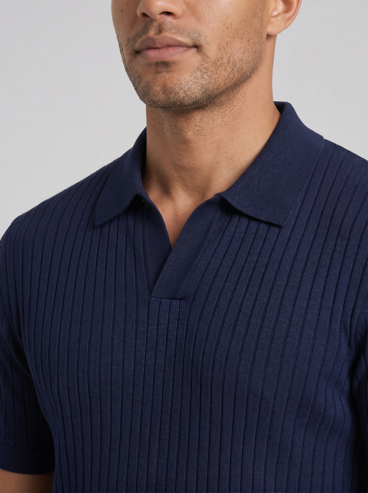 Men's Ribbed Knit Polo Shirt – Smart Casual V-Neck