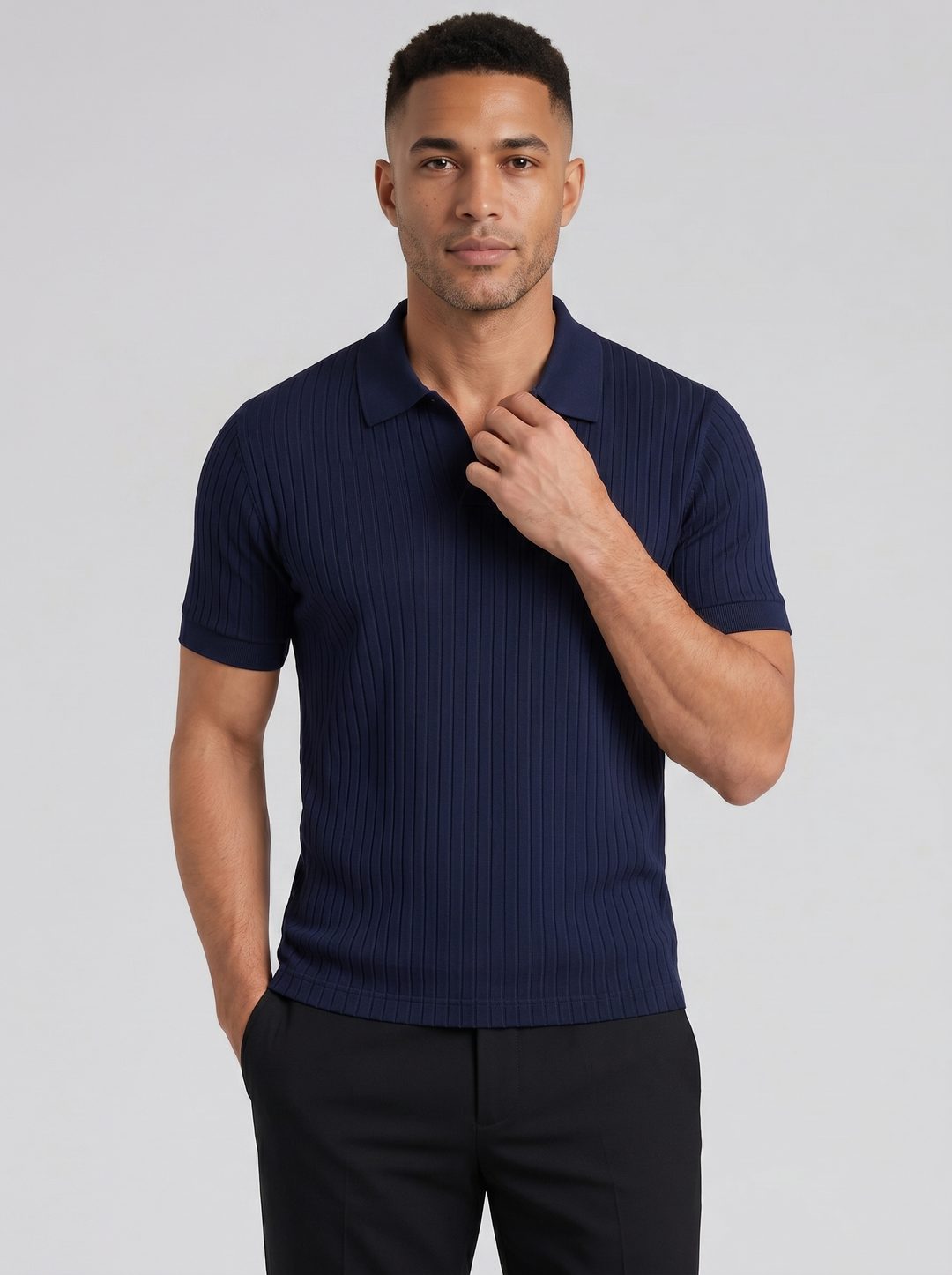 Men's Ribbed Knit Polo Shirt – Smart Casual V-Neck