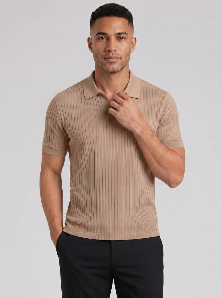 Men's Ribbed Knit Polo Shirt – Smart Casual V-Neck