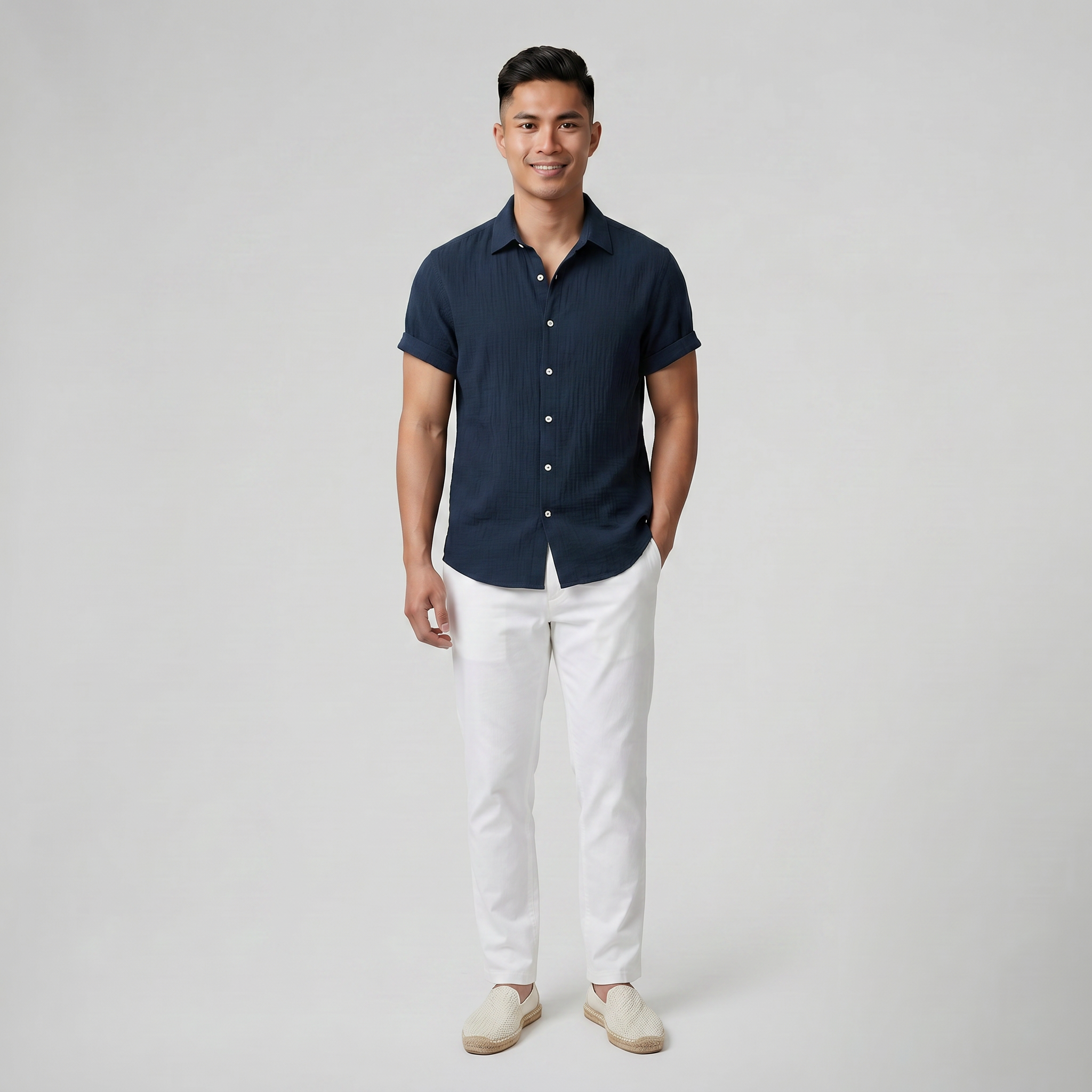 Men’s Short-Sleeve Textured Button-Up Shirt | Celestiella